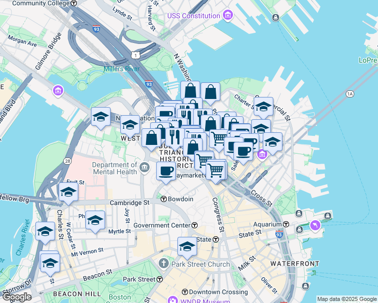 map of restaurants, bars, coffee shops, grocery stores, and more near Valenti Way & Canal St in Boston