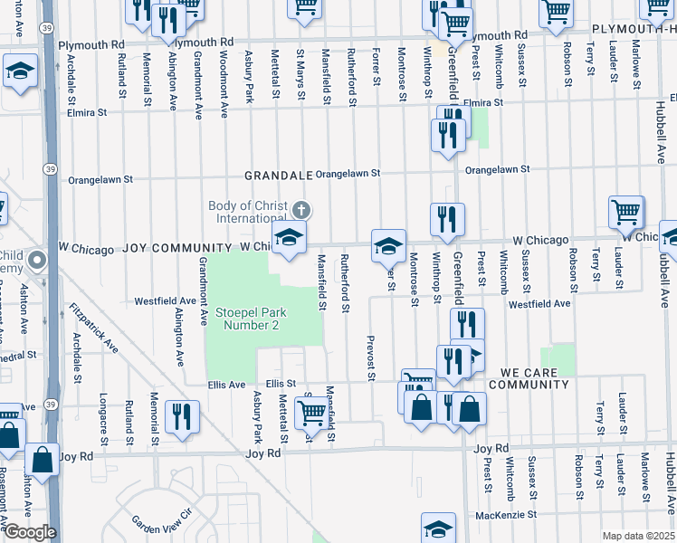 map of restaurants, bars, coffee shops, grocery stores, and more near 9374 Mansfield Street in Detroit
