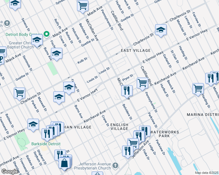 map of restaurants, bars, coffee shops, grocery stores, and more near 2270 Holcomb Street in Detroit