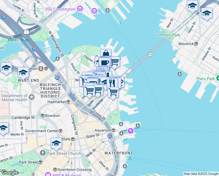 map of restaurants, bars, coffee shops, grocery stores, and more near Fleet Street in Boston