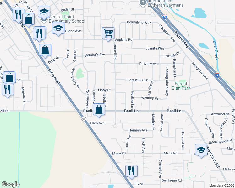map of restaurants, bars, coffee shops, grocery stores, and more near 3316 Bursell Road in Central Point