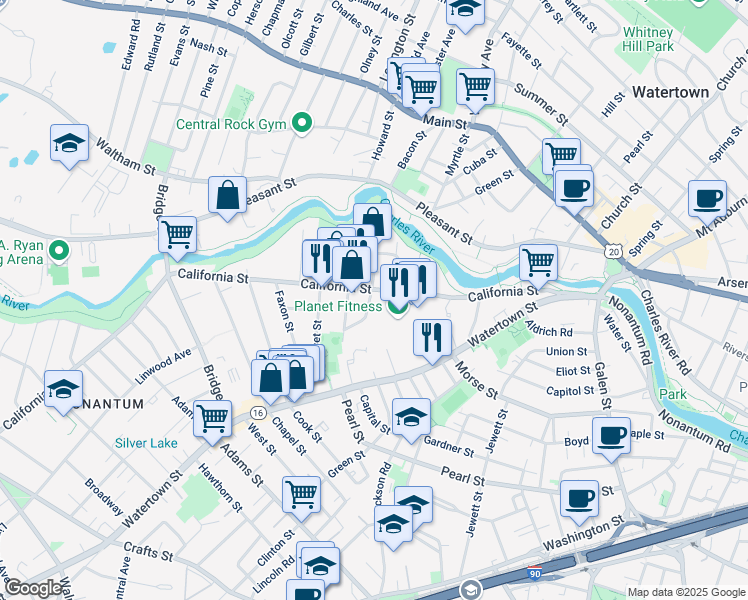 map of restaurants, bars, coffee shops, grocery stores, and more near 194 California Street in Newton