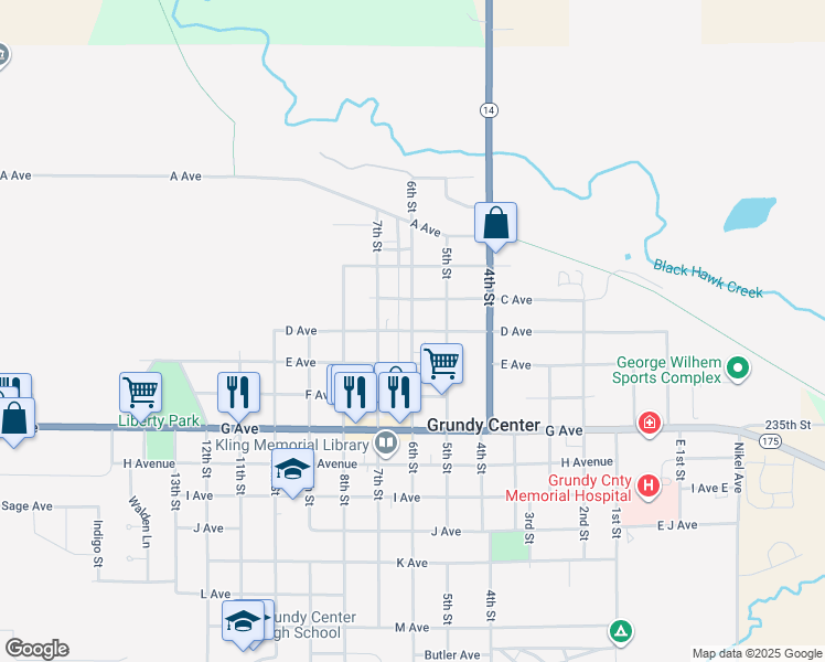 map of restaurants, bars, coffee shops, grocery stores, and more near 601 D Avenue in Grundy Center