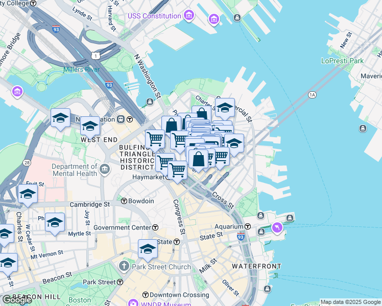 map of restaurants, bars, coffee shops, grocery stores, and more near 21 Cooper Street in Boston