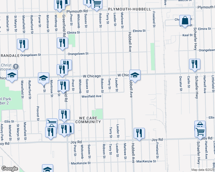 map of restaurants, bars, coffee shops, grocery stores, and more near 9379 Terry Street in Detroit