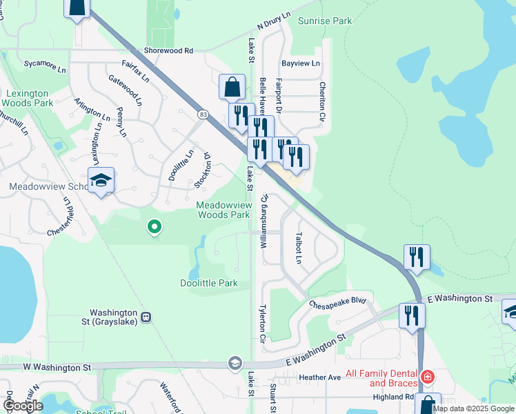 map of restaurants, bars, coffee shops, grocery stores, and more near 1148 Williamsburg Circle in Grayslake