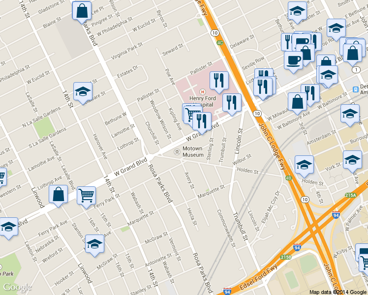 map of restaurants, bars, coffee shops, grocery stores, and more near 2662 West Grand Boulevard in Detroit