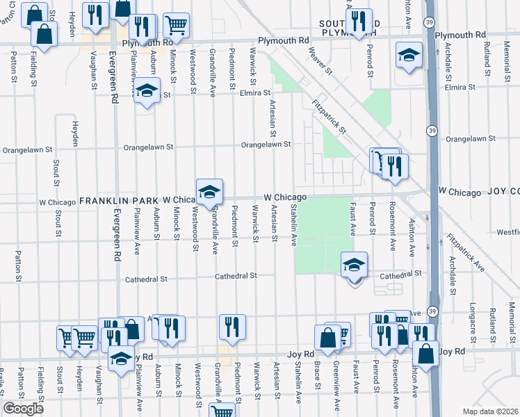 map of restaurants, bars, coffee shops, grocery stores, and more near 9390 Warwick Street in Detroit
