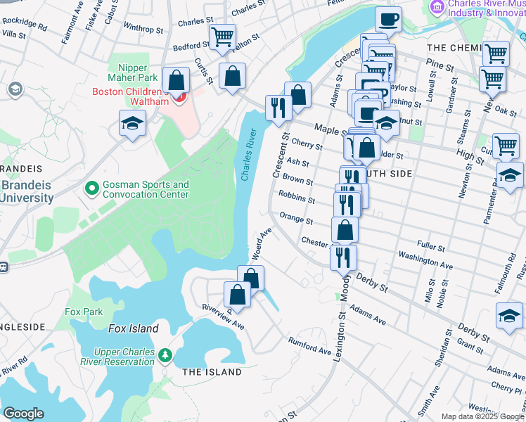 map of restaurants, bars, coffee shops, grocery stores, and more near 287 Crescent Street in Waltham