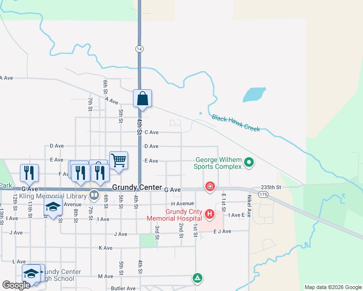 map of restaurants, bars, coffee shops, grocery stores, and more near 199 D Avenue in Grundy Center