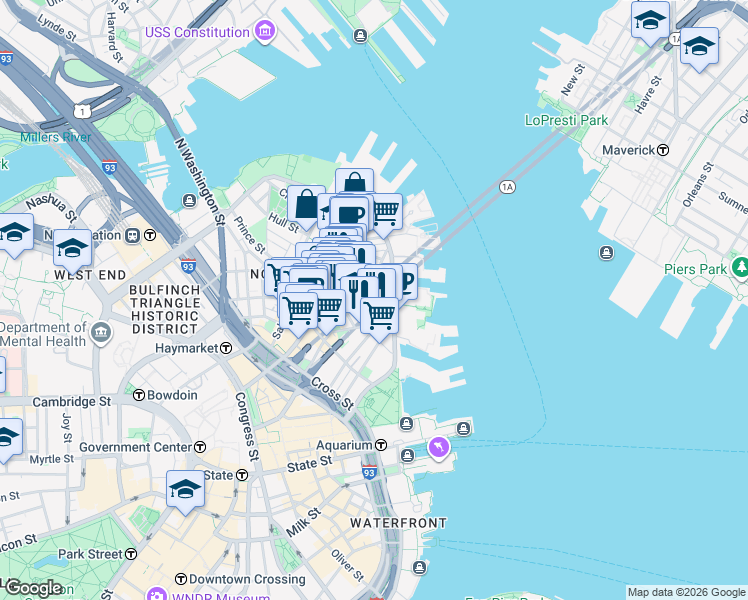 map of restaurants, bars, coffee shops, grocery stores, and more near 302-304 North Street in Boston