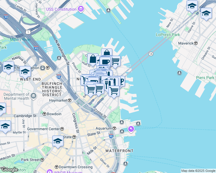 map of restaurants, bars, coffee shops, grocery stores, and more near 302-304 North Street in Boston