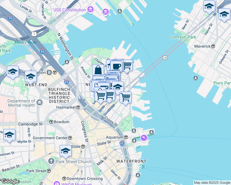 map of restaurants, bars, coffee shops, grocery stores, and more near 15-17 North Square in Boston