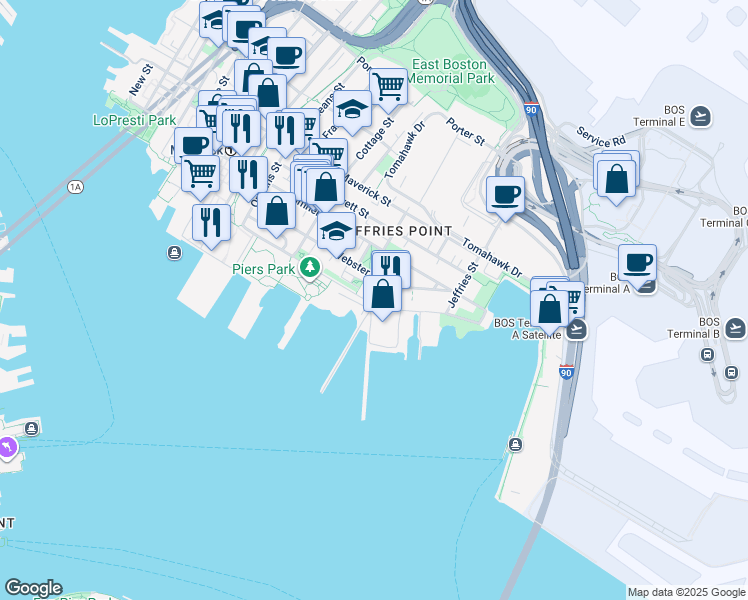 map of restaurants, bars, coffee shops, grocery stores, and more near 214 Marginal Street in Boston