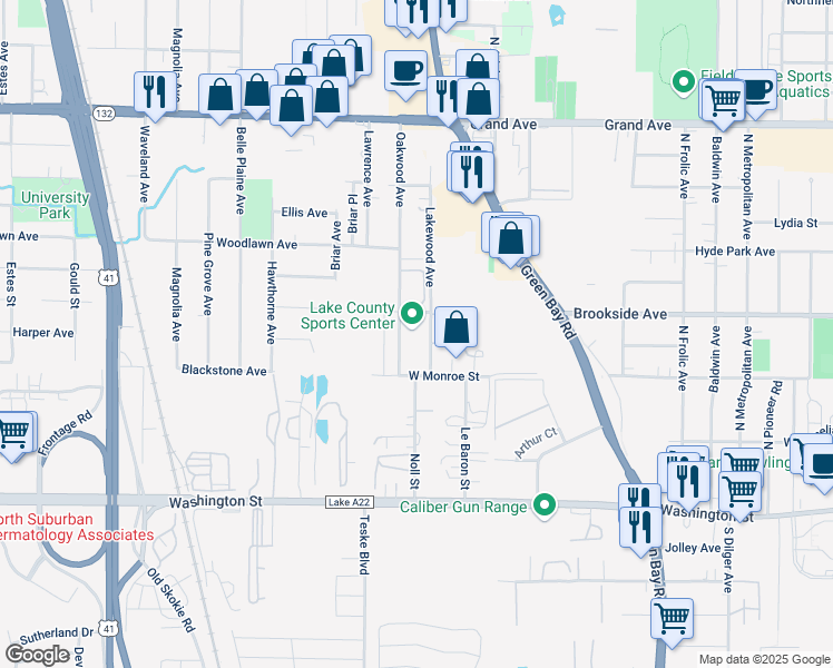 map of restaurants, bars, coffee shops, grocery stores, and more near 351 Oakwood Avenue in Waukegan