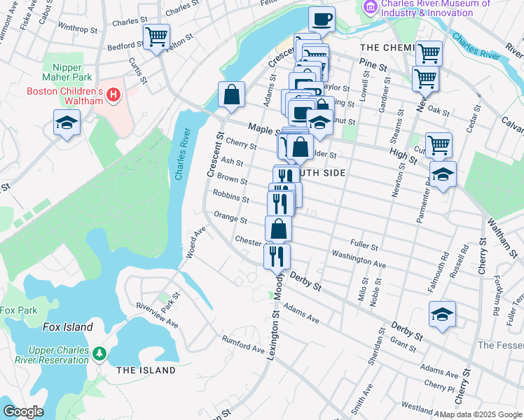 map of restaurants, bars, coffee shops, grocery stores, and more near 85 Robbins Street in Waltham