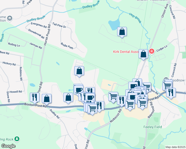map of restaurants, bars, coffee shops, grocery stores, and more near 23 Farmstead Lane in Sudbury