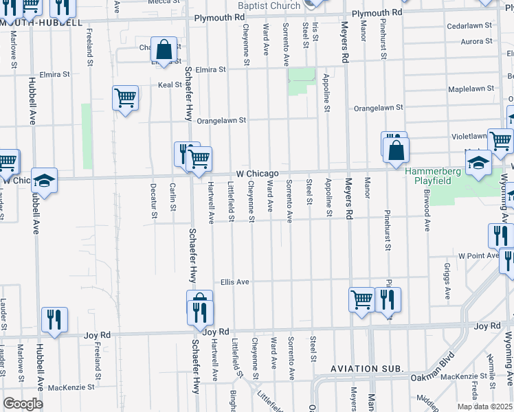 map of restaurants, bars, coffee shops, grocery stores, and more near 9352 Cheyenne Street in Detroit