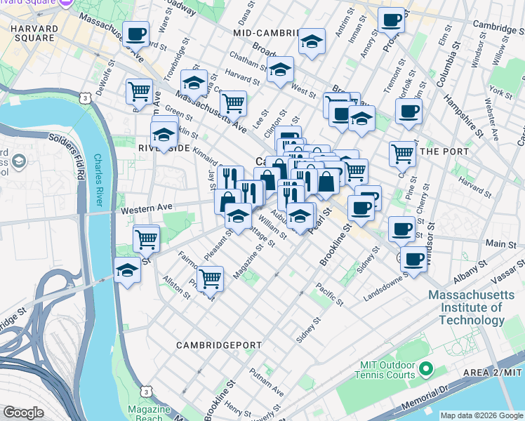 map of restaurants, bars, coffee shops, grocery stores, and more near 75 River Street in Cambridge