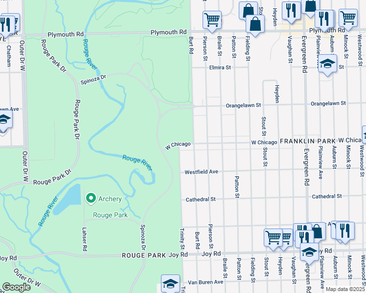 map of restaurants, bars, coffee shops, grocery stores, and more near 20941 West Chicago in Detroit