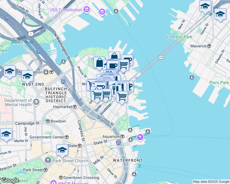 map of restaurants, bars, coffee shops, grocery stores, and more near 302-304 North Street in Boston