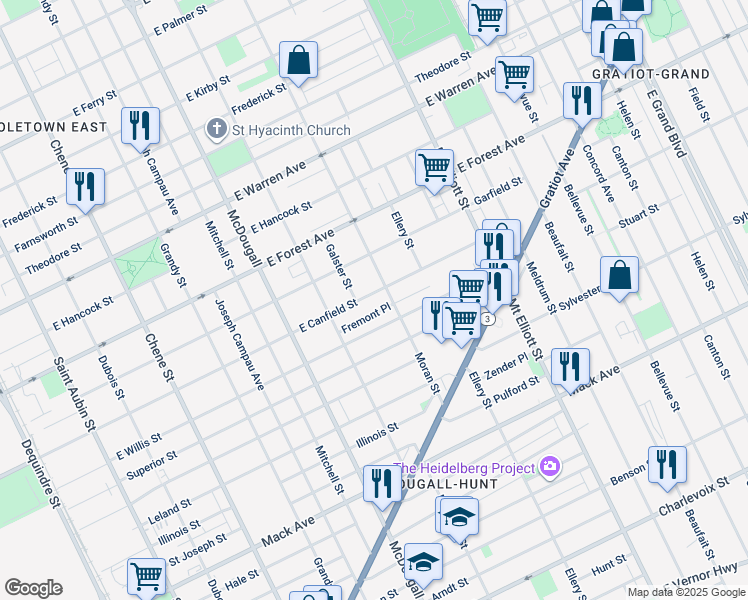 map of restaurants, bars, coffee shops, grocery stores, and more near 3434 East Canfield Street in Detroit