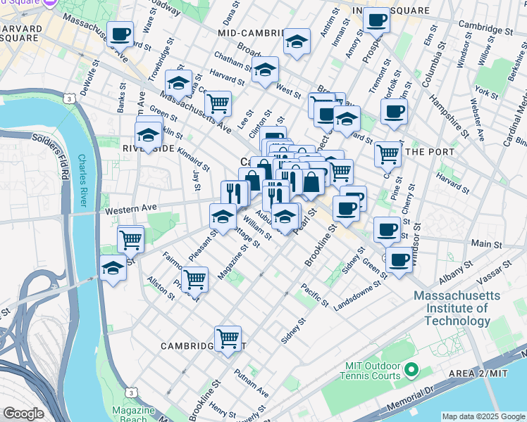map of restaurants, bars, coffee shops, grocery stores, and more near 199 Auburn Street in Cambridge
