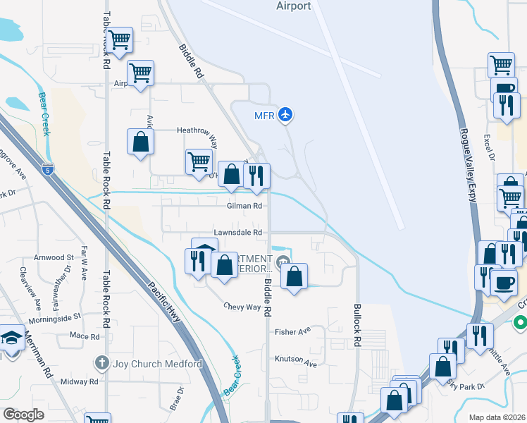 map of restaurants, bars, coffee shops, grocery stores, and more near 3289 Biddle Road in Medford