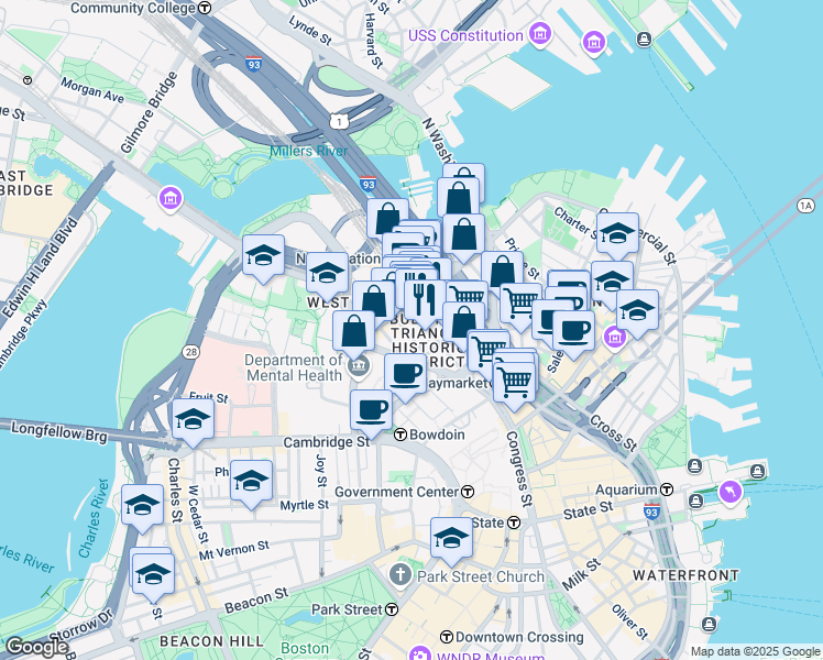 map of restaurants, bars, coffee shops, grocery stores, and more near in Boston