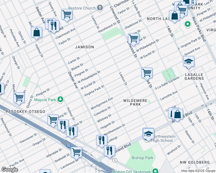 map of restaurants, bars, coffee shops, grocery stores, and more near 3023 Virginia Park Street in Detroit