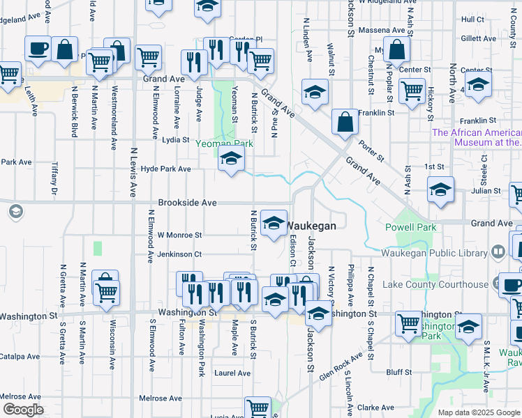 map of restaurants, bars, coffee shops, grocery stores, and more near 1313 Brookside Avenue in Waukegan
