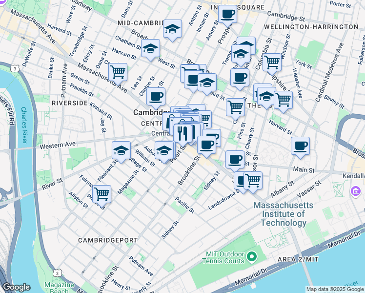 map of restaurants, bars, coffee shops, grocery stores, and more near in Cambridge