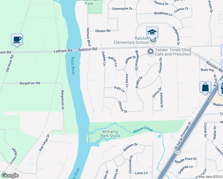 map of restaurants, bars, coffee shops, grocery stores, and more near 347 Patti Lane in Machesney Park