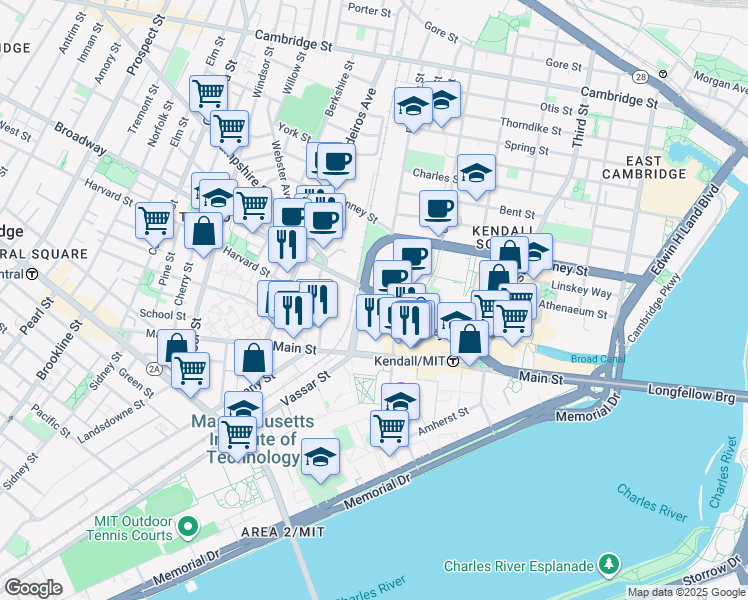 map of restaurants, bars, coffee shops, grocery stores, and more near 8 Cambridge Center in Cambridge