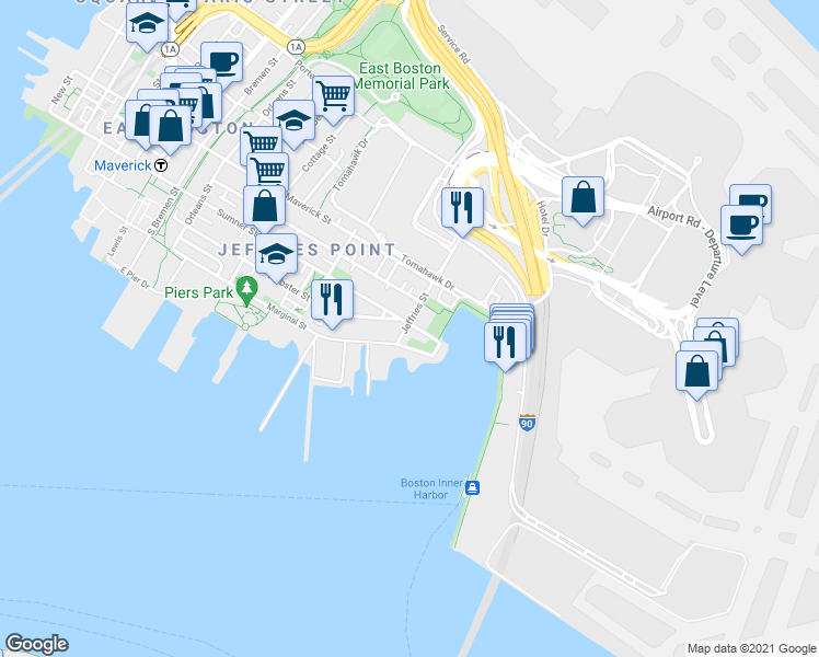 map of restaurants, bars, coffee shops, grocery stores, and more near 44 Jeffries Street in Boston