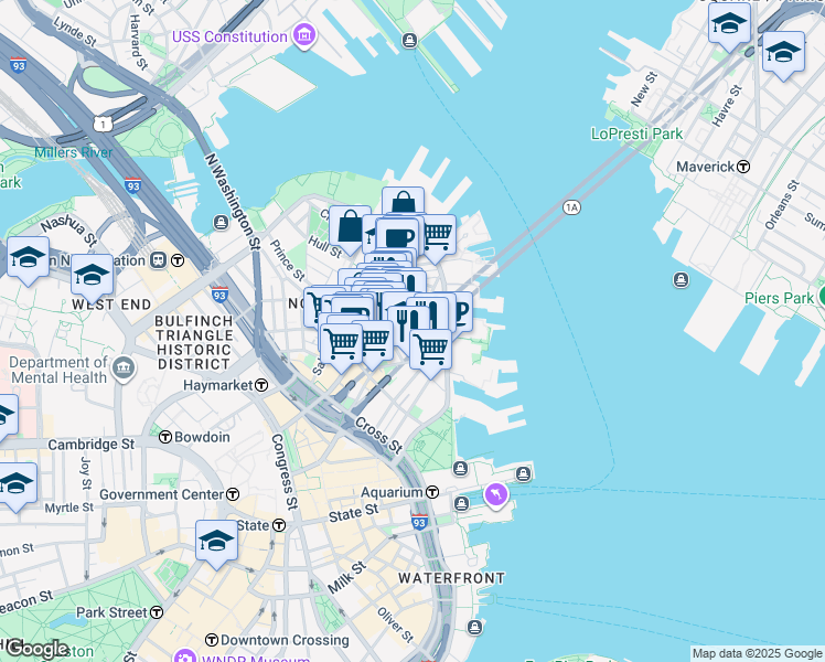 map of restaurants, bars, coffee shops, grocery stores, and more near 302-304 North Street in Boston