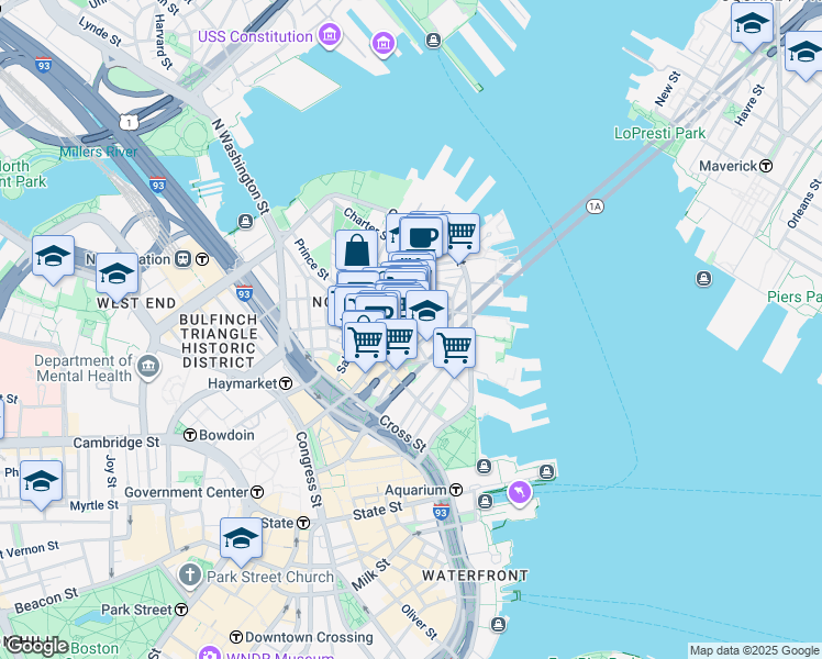 map of restaurants, bars, coffee shops, grocery stores, and more near 15-17 North Square in Boston