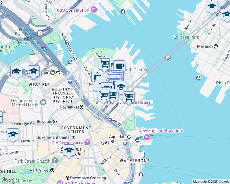 map of restaurants, bars, coffee shops, grocery stores, and more near 15-17 North Square in Boston