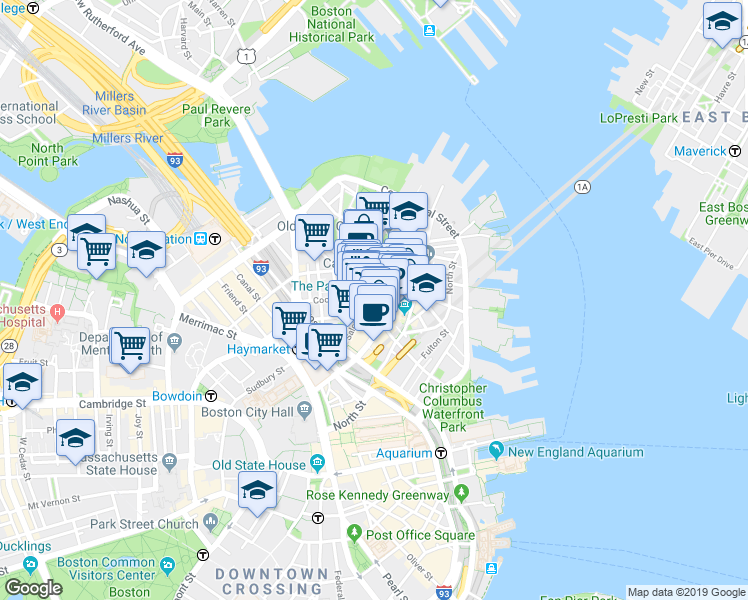 map of restaurants, bars, coffee shops, grocery stores, and more near in Boston
