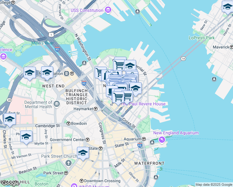 map of restaurants, bars, coffee shops, grocery stores, and more near in Boston