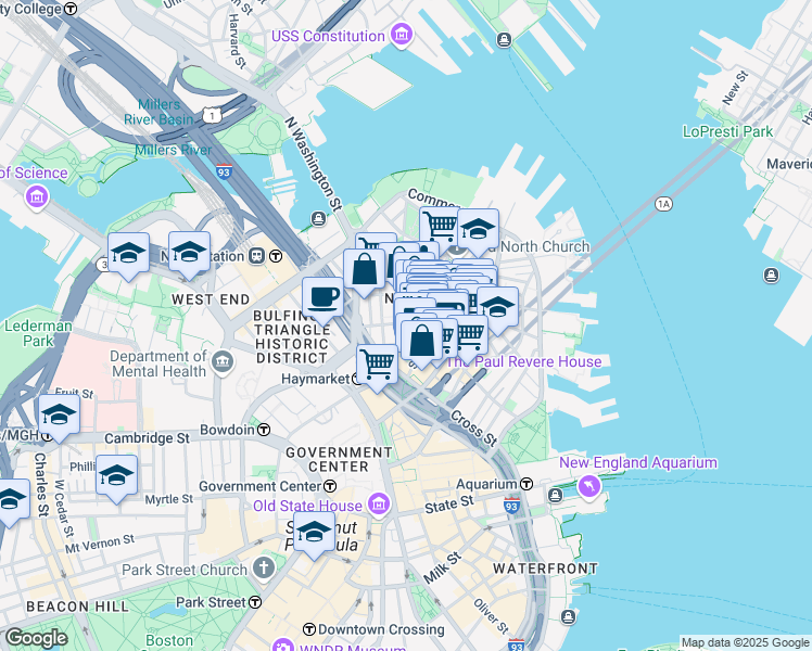 map of restaurants, bars, coffee shops, grocery stores, and more near 21 Cooper Street in Boston