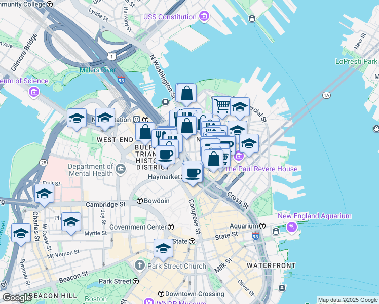 map of restaurants, bars, coffee shops, grocery stores, and more near 49 North Washington Street in Boston