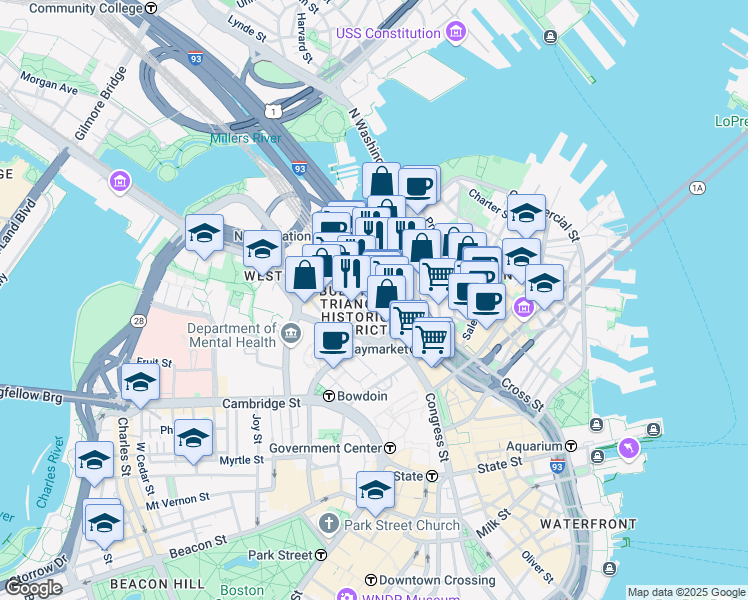 map of restaurants, bars, coffee shops, grocery stores, and more near in Boston