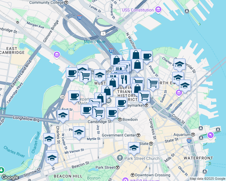 map of restaurants, bars, coffee shops, grocery stores, and more near 40 Lancaster Street in Boston