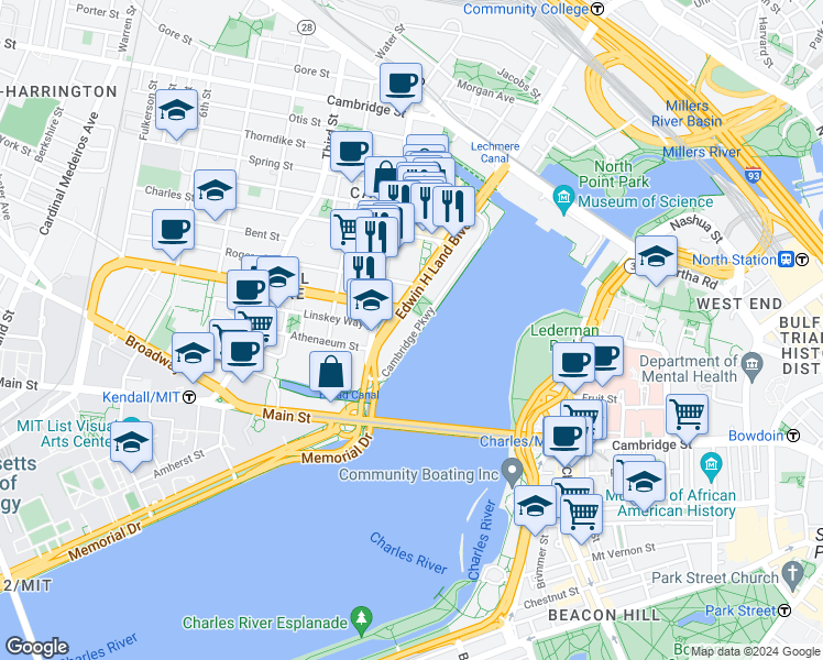 map of restaurants, bars, coffee shops, grocery stores, and more near 245 First Street in Cambridge