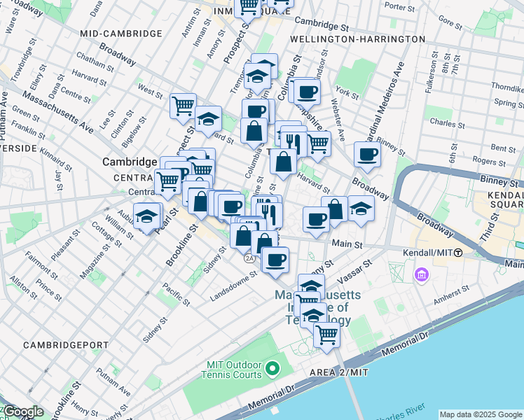 map of restaurants, bars, coffee shops, grocery stores, and more near 119 Windsor Street in Cambridge
