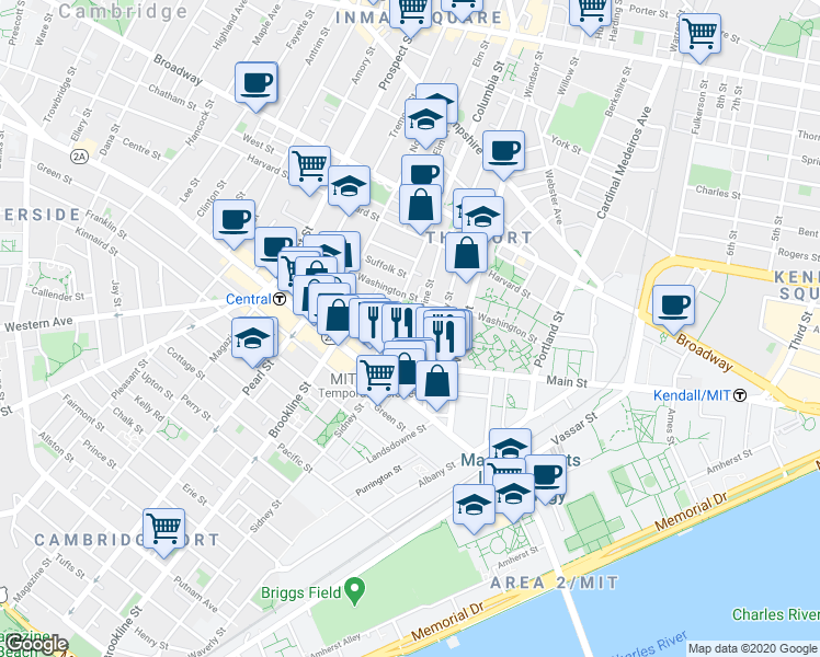 map of restaurants, bars, coffee shops, grocery stores, and more near 23 Pine Street in Cambridge