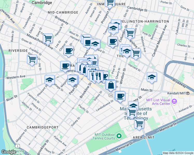 map of restaurants, bars, coffee shops, grocery stores, and more near 39 Bishop Richard Allen Drive in Cambridge