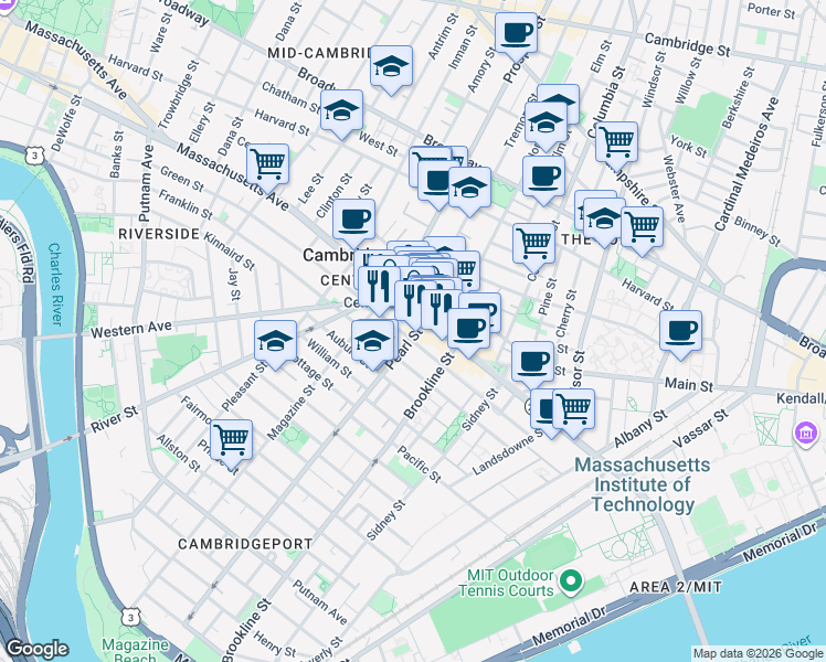 map of restaurants, bars, coffee shops, grocery stores, and more near in Cambridge
