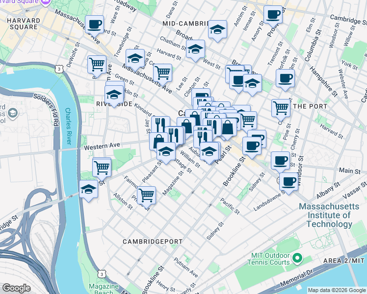 map of restaurants, bars, coffee shops, grocery stores, and more near 75 River Street in Cambridge